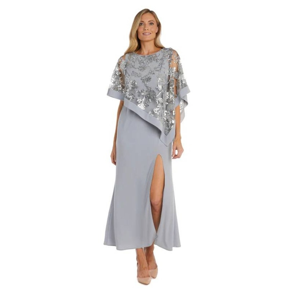 R&M Richards Womens 16W Grey Sequin Lace Overlay Maxi Dress 2551W Silver Floral